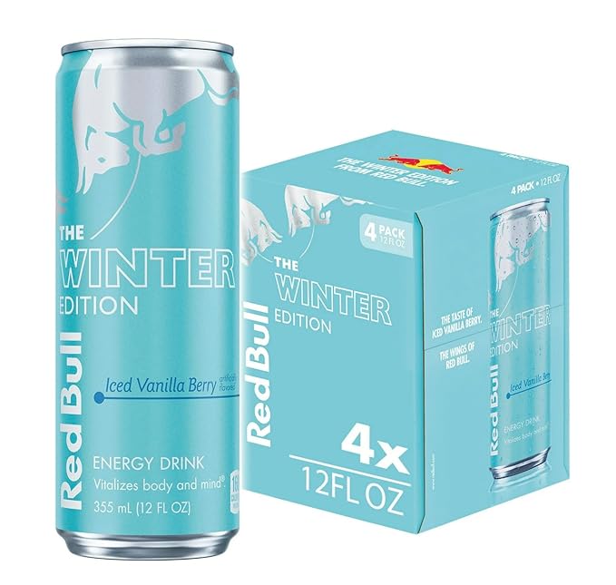 Red, 4 Pack, Winter Edition, 12 oz cans, Iced Vanilla Berry, Limited Edition, Bull, Ships Fast In Hand